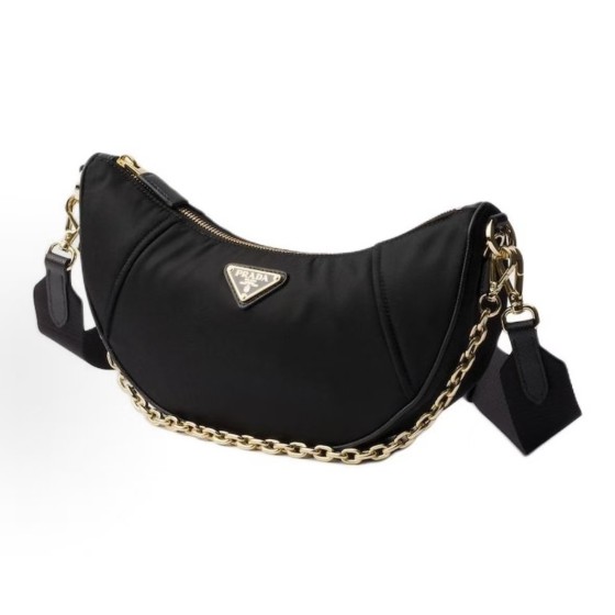 PRADA Re-Nylon Demi-lune metal hardware accessories, enamel-coated triangular metal logo, half-moon bag, single-shoulder bag for women, black